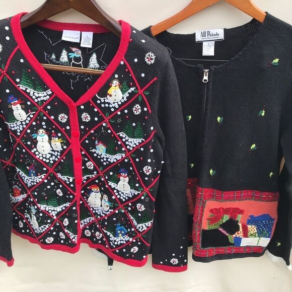 Vintage All Points Kim Rogers Christmas Sweaters Womens Small Black Snowman/dogs - Picture 1 of 10